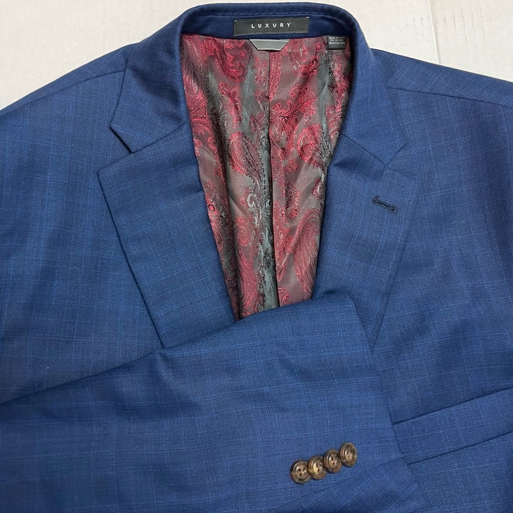 New Indochino Bespoke Men’s 48R Blue Plaid Wool Cashmere Blazer Jacket Coat